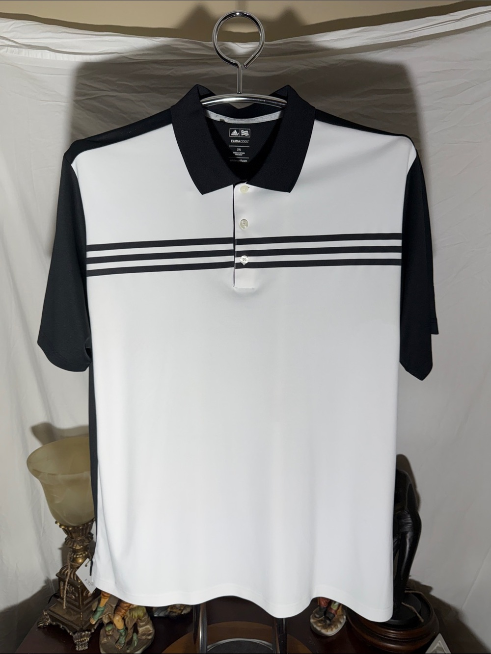 adidas White and Black Striped Golf Polo